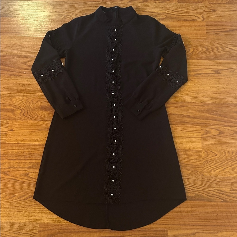 Black Long Sleeve Modest Tunic Top/Dress with Lace and Pearl Details